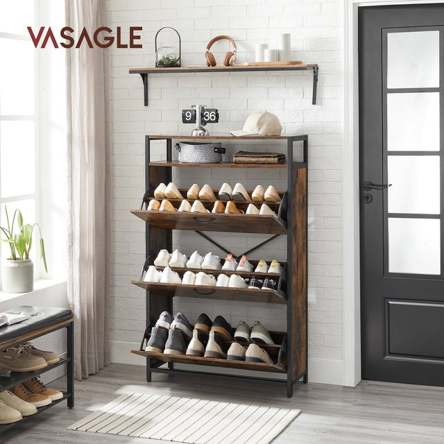 VASAGLE Schuhschrank im Industrial Design mit 3 Klappen, Schuhkommode in Schwarz und Braun - Bild 1