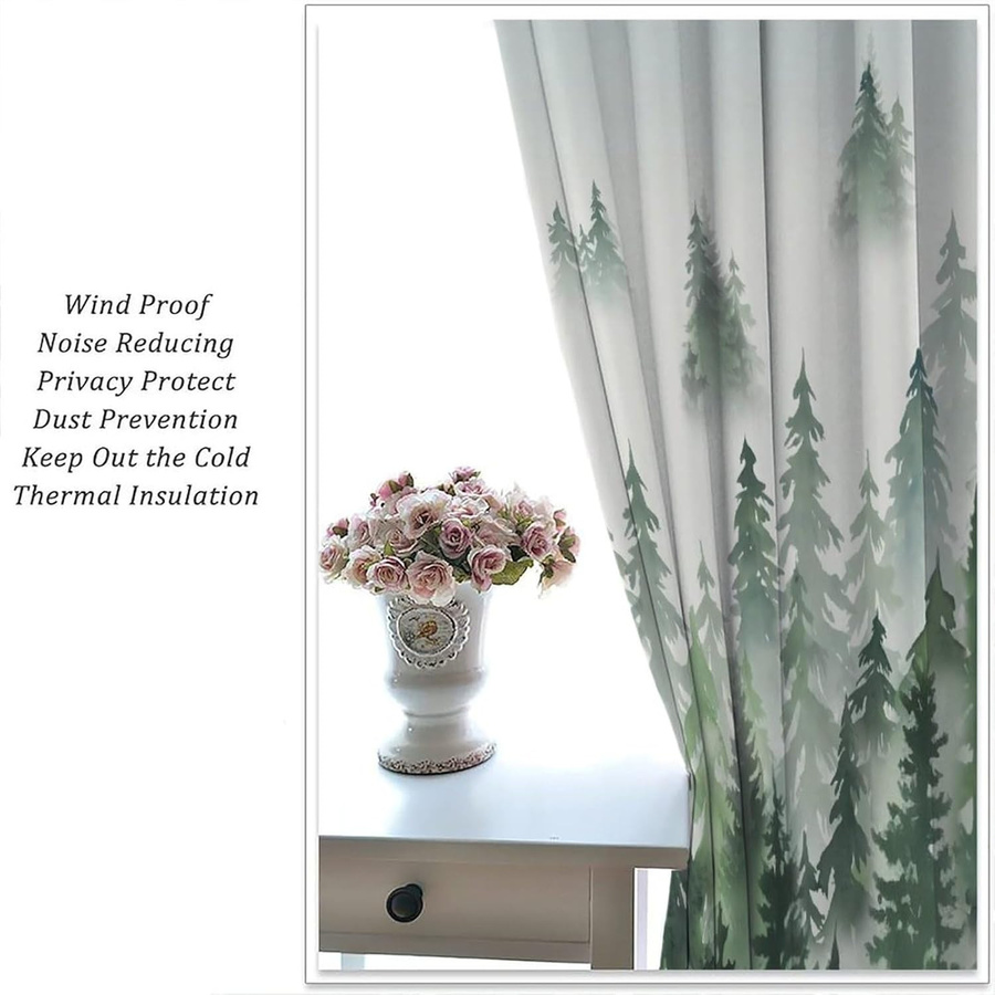 Tonnika Chen Vorhänge mit grünem Wald Aquarell Baum Silhouette Natur Landschaft Druck aus Polyester, Farbe: Grün, B: 100 cm, H: 70 cm, 2er-Set - Bild 3