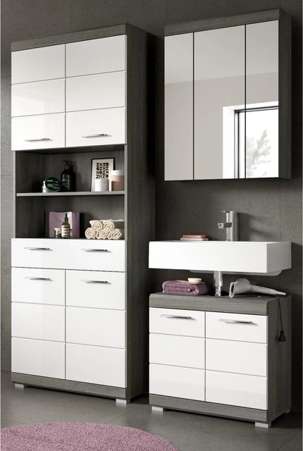 Inn.Furn Badmöbel Set Shawn 3-teilig in Weiß Hochglanz und Grau mit LED-Beleuchtung - Bild 1