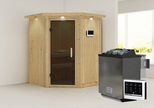 Karibu Tartu Bio-Kombi-Sauna aus Fichtenholz mit 9 kW Saunaofen und externer Steuerung für 3 Personen, beige, B/T/H: 202 x 165 x 165 cm - Bild 1