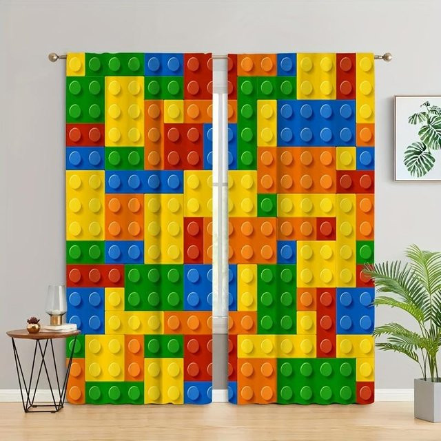 Bunte Kinder Vorhänge mit Cartoon-Baustein-Motiv, semi-transparent, Mehrfarbig, B: 50 cm, H: 130 cm, 2er-Set - Bild 1