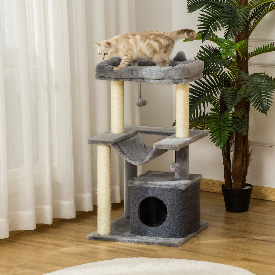 PawHut Kratzbaum in Grau mit Hängematte, Katzenhöhle und Spielzeug aus Plüsch und Sisal, Höhe: 90 cm - Bild 2