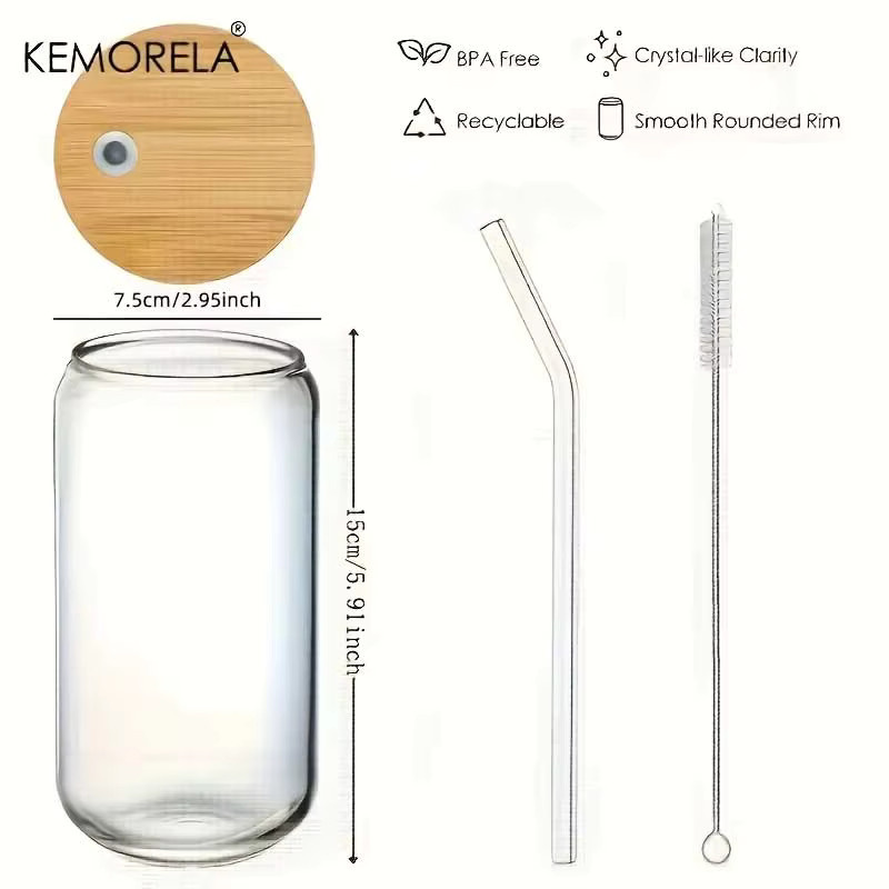 KEMORELA Glas-Tumbler Set mit auslaufsicheren Deckeln, Trinkhalmen und Reinigungsbürsten, transparent, 500 ml - Bild 5