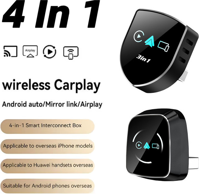 uhulamb 4-in-1 Kabelloser Carplay-Adapter mit Android Auto, Airplay und Mirror Link, USB Plug-and-Play für Apple und Android, Schwarz - Bild 1