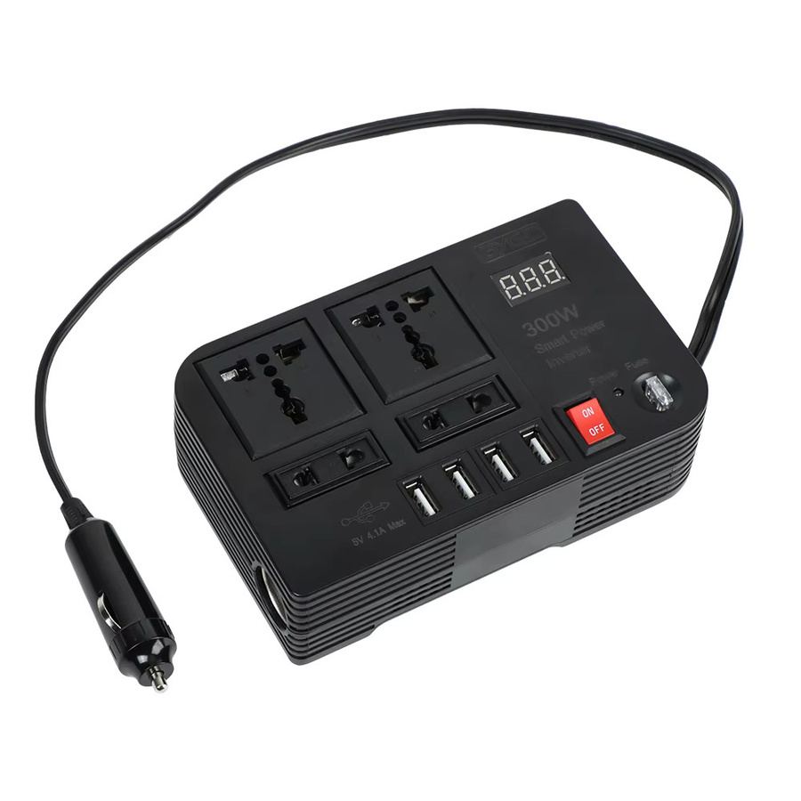 Auto-Wechselrichter 300 W mit 4 AC-Steckdosen und 4 USB-Anschlüssen, DC 12 V zu AC 220 V Konverter mit Überlastschutz und EIN/AUS-Schalter, Schwarz - Bild 2
