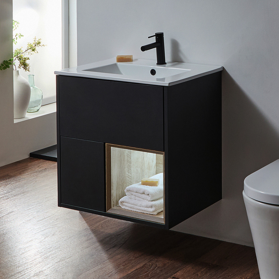 Waschtischunterschrank Hudson Reed Hoxton mit Aufsatzwaschbecken in Dunkler Eichenoptik, Wandmontage, Breite: 60 cm, Höhe: 63,6 cm, Tiefe: 46 cm - Bild 1