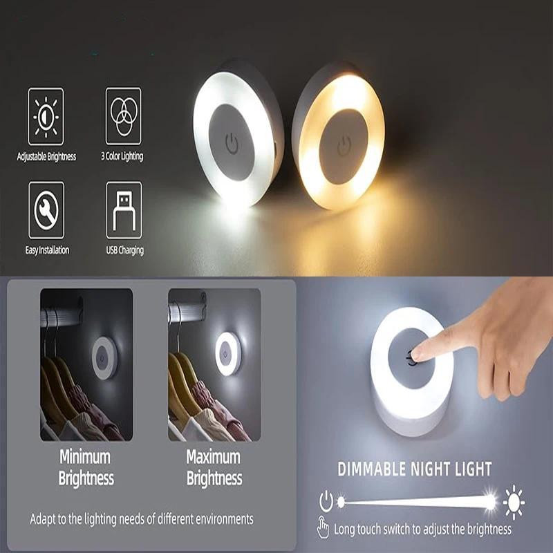 Meiteai-Home LED Nachtlicht mit Touch-Sensor, USB-wiederaufladbare runde Wandleuchte in Weiß, dimmbar und magnetisch für Flur und Schlafzimmer - Bild 3