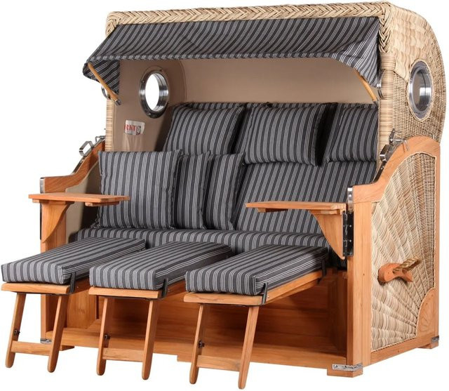 bene,iving Strandkorb Komplettset Königssee 3 Sitzer aus Teakholz mit PE Shell Modell 500, Farbe Braun/Mehrfarbig, inklusive Liftersystem, Schutzhülle, Doppelrollen und Glasbecherhalter - Bild 1