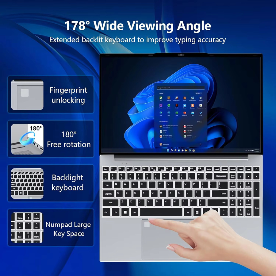 XIAORAN Gaming-Notebook mit Windows 11, 15,6 Zoll Display, Intel Core I9-10980HK, 16GB RAM, 2TB SSD, Fingerabdruck-Entsperrung und Hintergrundbeleuchteter Tastatur, Silber - Bild 2