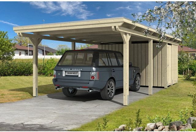 Skan Holz Carport Emsland mit Abstellraum, Farbe: beige, B/T: 404 x 846 cm, Firsthöhe: 242 cm - Bild 1