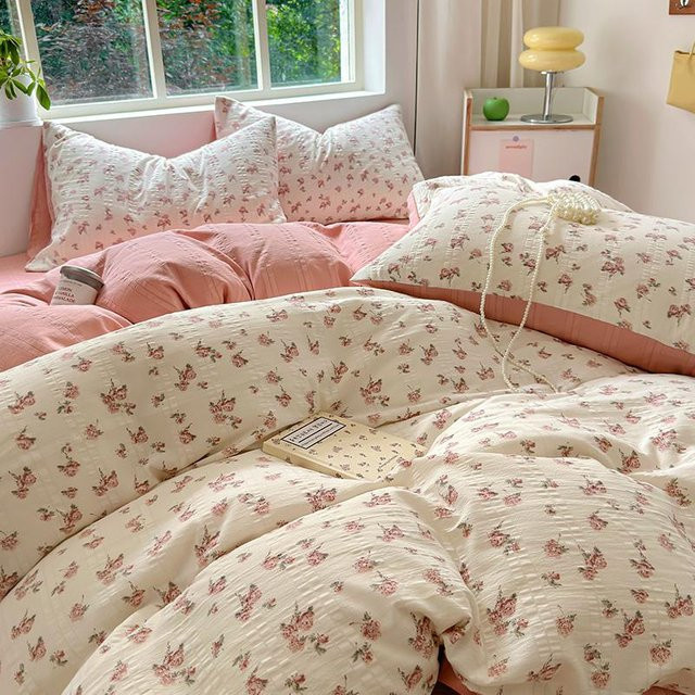 Bin Chi Textiles Bettwäsche-Set aus gewaschener Baumwolle mit Blumenmuster im französischen Shabby-Chic-Stil, Farbe Weiß, B/H: 150 x 200 cm - Bild 1