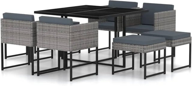vidaXL 9-tlg Garten-Essgruppe aus Poly Rattan in Grau und Anthrazit mit Kissen und Glastisch - Bild 1