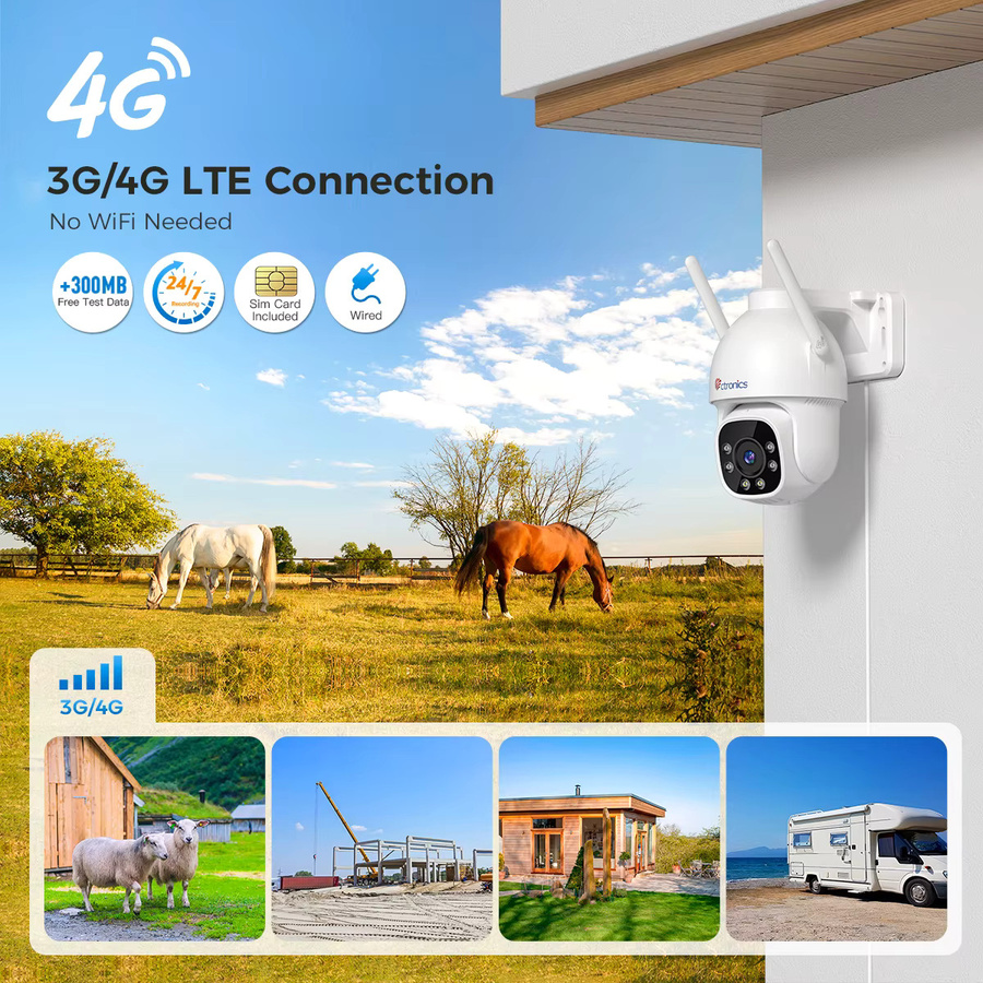 Ctronics 4G Outdoor Überwachungskamera mit SIM-Karte, 2K 1080P Auflösung, 360-Grad-Panorama, automatischer Verfolgung, Nachtsicht und Zwei-Wege-Audio in Weiß - Bild 2