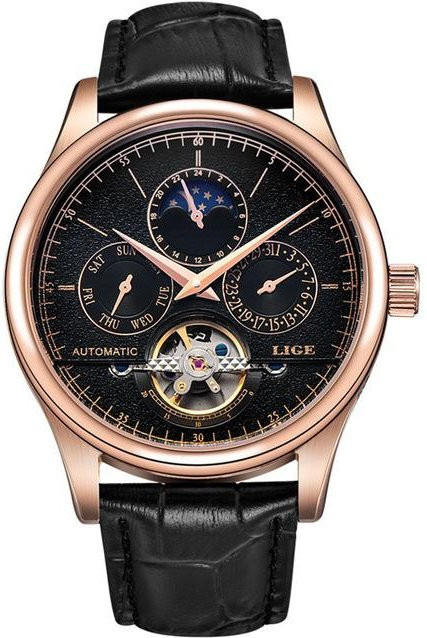 LIGE Armbanduhr, Automatik, Edelstahl, Gold, Leder, Schwarz, 43 mm, Herren - Bild 1