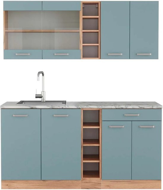 Vicco R-Line Singleküche Blau-Grau und Goldkraft Eiche mit Marmor-Arbeitsplatte, Breite: 160 cm - Bild 1
