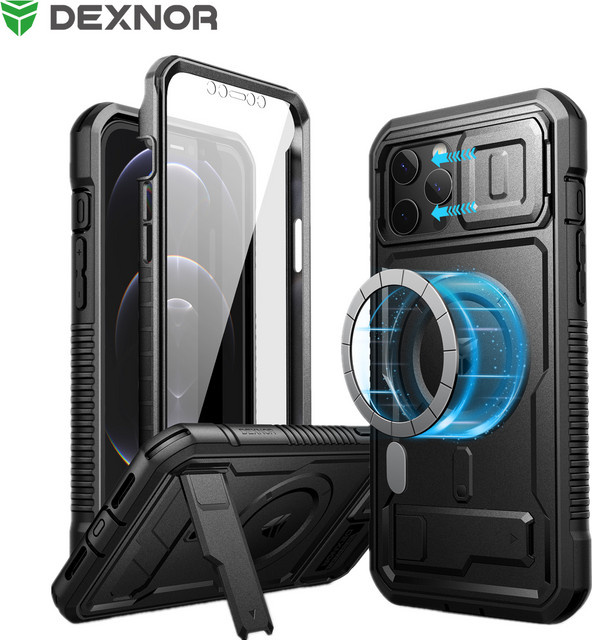 Dexnor Schutzhülle für iPhone 12 Pro Max mit 360-Grad-Schutz, stoßfester Hülle inklusive Kameraabdeckung und integriertem Displayschutz-Ständer in Schwarz oder Blau - Bild 1