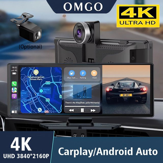 OMGO Dash Cam 4K UHD mit 10,26 Zoll Display, Android Auto und Apple CarPlay, Dual Objektiv, GPS, 5G WIFI, Bluetooth und FM Transmitter, Schwarz - Bild 1