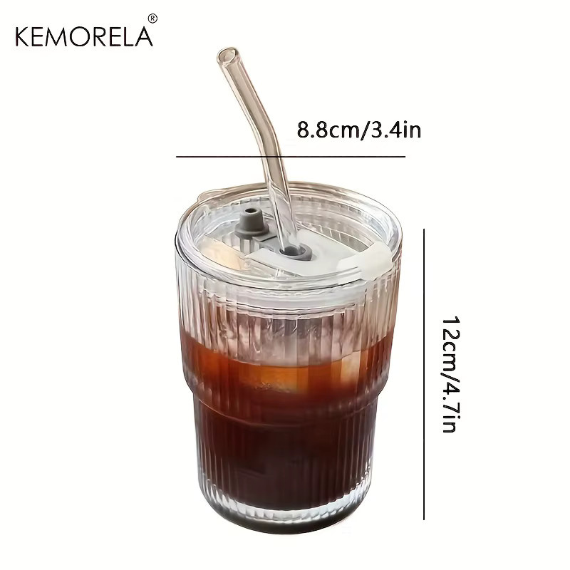 KEMORELA Streifen Glas Tasse mit Deckel und Stroh, transparent, 450 ml - Bild 5