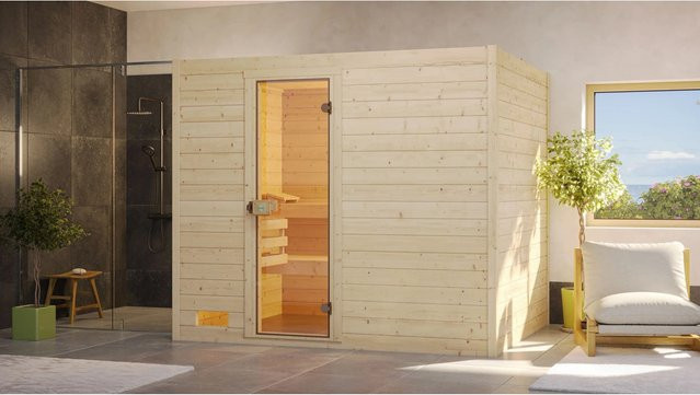 WEKA Massivholzsauna Valida 4 in Braun mit 9 kW Ofen und externer Steuerung für 6 Personen - Bild 3