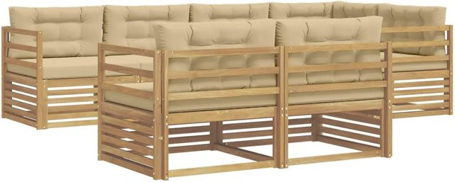 vidaXL Outdoor-Sofagarnitur 7-teilig in L-Form aus Akazienholz mit Kissen in Weiß und Beige - Bild 1