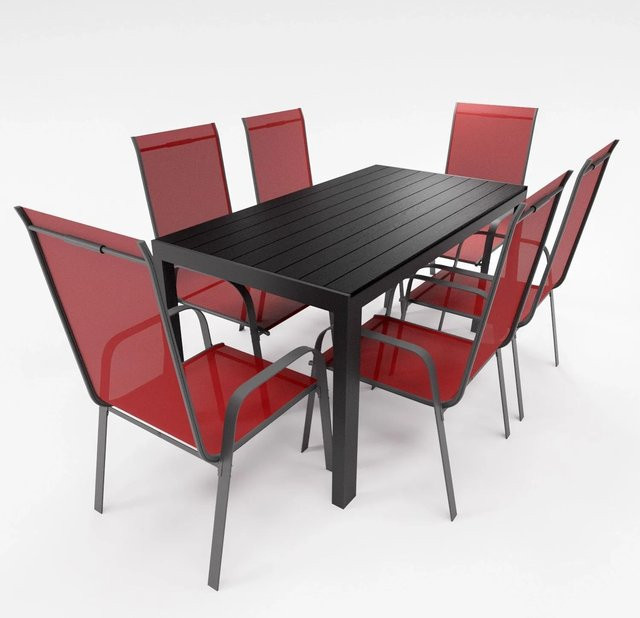 Lex 7-teiliges Gartenmöbel Set aus Aluminium mit 6 Stapelsesseln und Tisch in Burgundrot - Bild 1