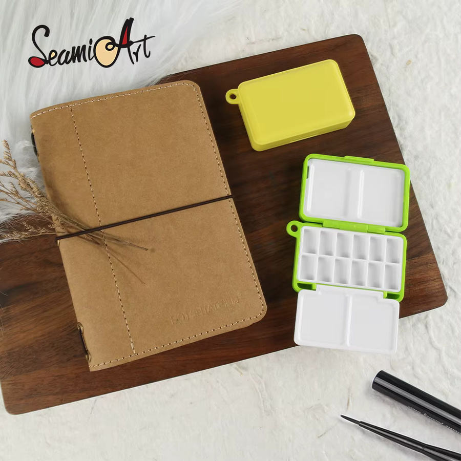 SeamiArt 2er-Set Mini-Reise-Malbox aus Kunststoff mit 12 Fächern und Schlüsselring, Tragbare Aquarellpalette in Gelb - Bild 2