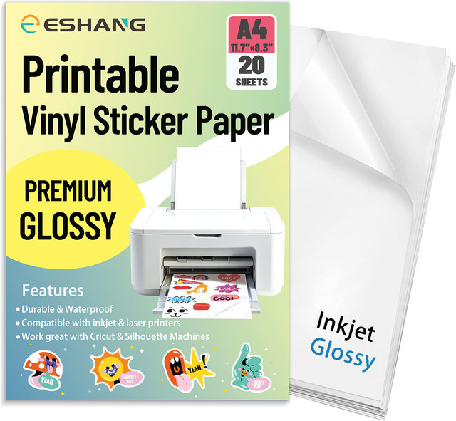 20 Blatt glänzendes Vinyl-Aufkleberpapier in A4 für Tintenstrahldrucker, weiß, wasserfest und selbstklebend - Bild 1