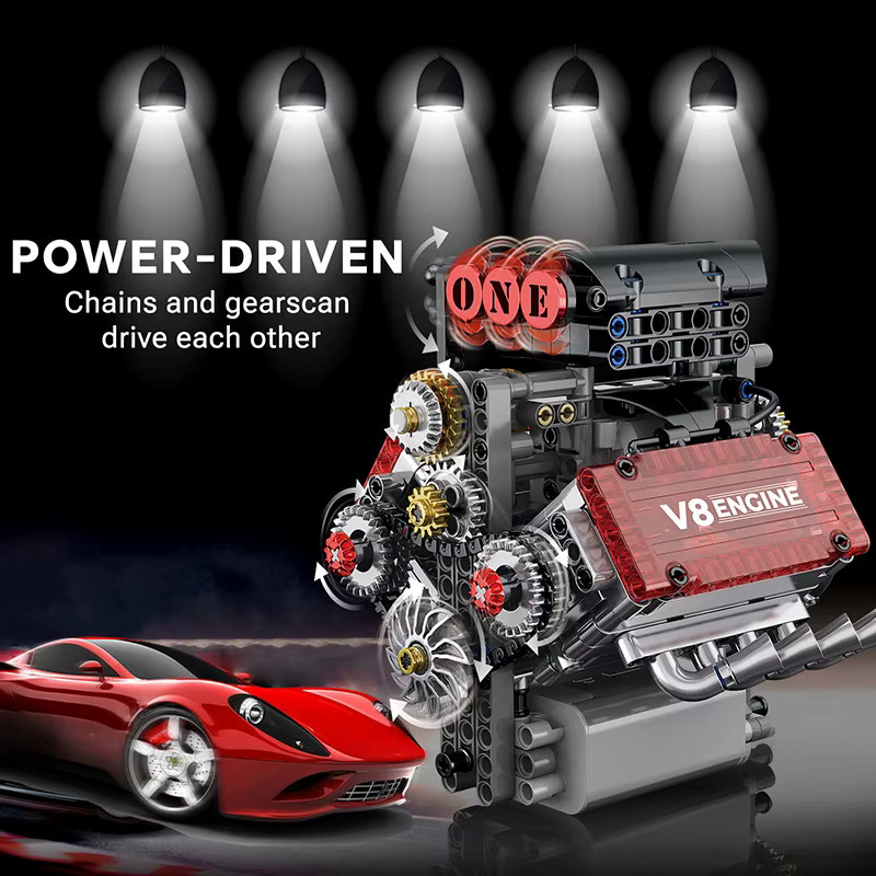 M MENBIS V8-Motor Simulationsmodell mit elektrischem Antrieb, technisches DIY-Baustein-Set für Erwachsene, Multicolor - Bild 2