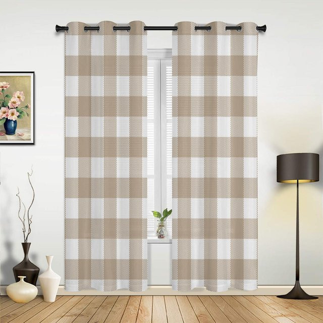 Gelb Weiß Karierte Vorhänge für Wohnzimmer und Küche, halbtransparent mit Ösen, Breite: 135 cm, Höhe: 60 cm - Bild 1