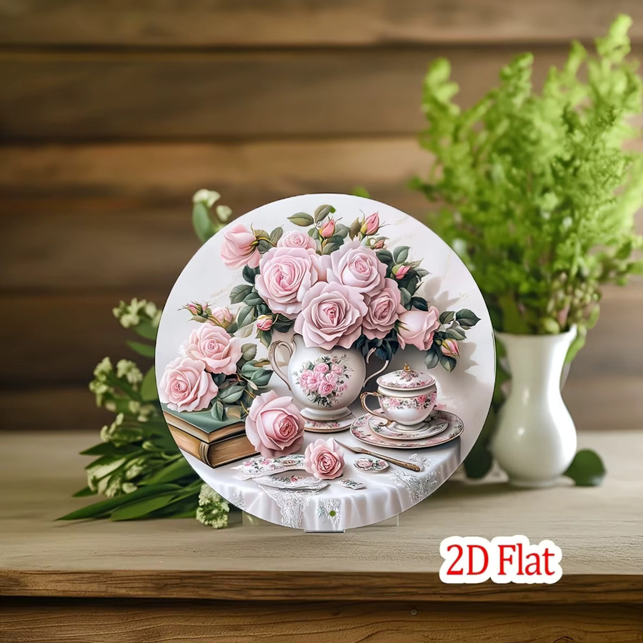 Potdemiel Vintage Wandschild aus Aluminium mit rosa Rosen, rundes Metall-Dekoschild für Garten und Hof, Durchmesser: 20,3 cm - Bild 3
