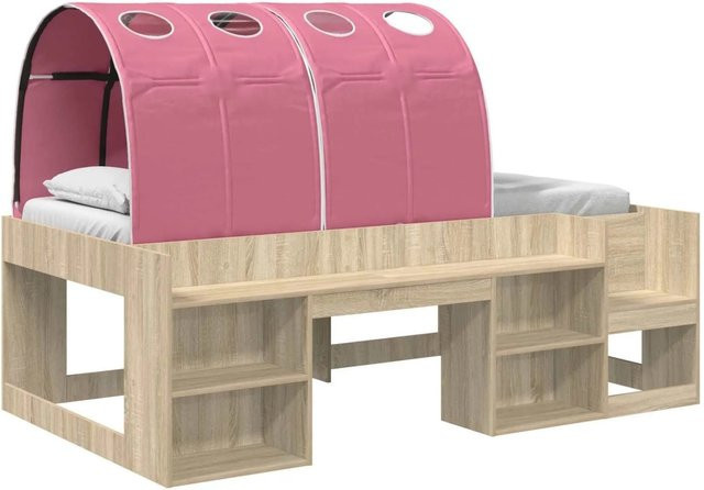 vidaXL Bettgestell mit Tunnel und Regal in Sonoma Eiche und Rosa, 3-teiliges Hochbett aus Holzwerkstoff - Bild 1