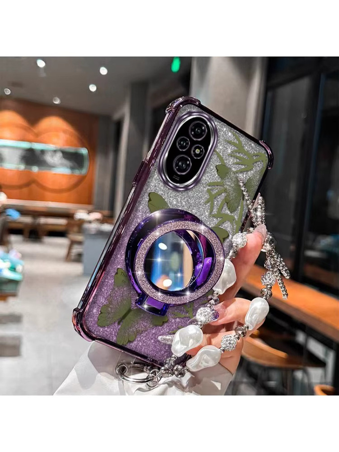 Handyhülle mit grünem Schmetterlingsmuster und Lanyard für Honor 200 Lite, 400, 400 Pro, 90, X6A, X6C, X9A, X9B, X8B, X8C, X7A und Magic6Pro inklusive Ständer - Bild 4