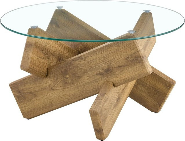 okwish Couchtisch mit Glasplatte und Kreuzgestell in Natur, rund, B/T/H: 79 x 79 x 45 cm