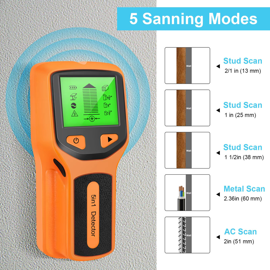 JUANJUAN 5-in-1 Wandscanner und Bolzen-Detektor in Gold und Orange zur Erkennung von AC-Drähten, Kabeln, PVC, Wasserrohren und Metall - Bild 3