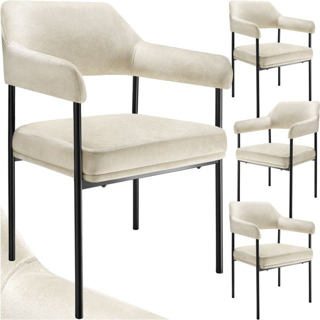 tectake Armlehnstuhl Doé 4er Set in Off White mit Samtoptik und pulverbeschichteten Stahlbeinen B/T/H: 58 x 62 x 85 cm - Bild 1