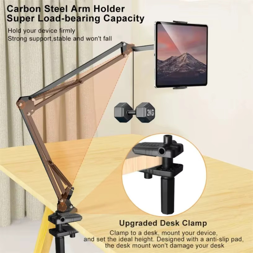 XIKCU Tablet-Halterung für Bett mit 90 cm Metallarm, 360 Grad drehbarer iPad- und Handy-Ständer für 4,5 bis 12,9 Zoll, Schwarz - Bild 2