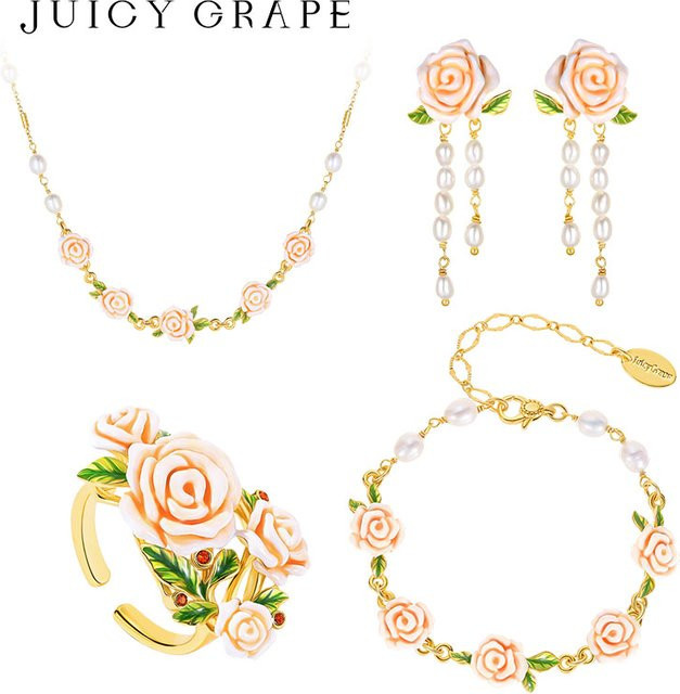 Juicy Grape Schmuckset Damen, Emaille-Rosen, Perle, Gold, Messing - Bild 1