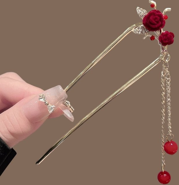 Haarstab roter Samt-Rosen, goldener Metallrahmen, Zirkon, rote Perlenquaste - Bild 1