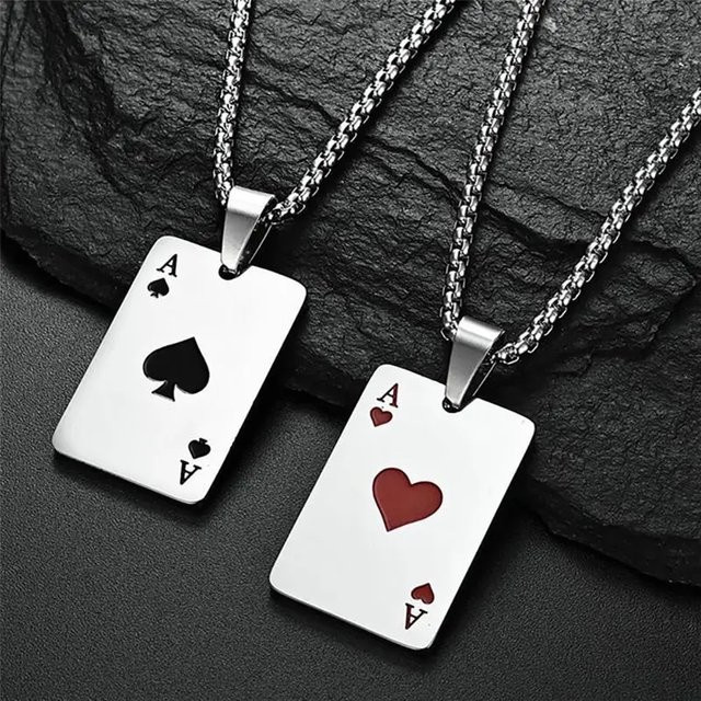 Halskette mit Anhänger Poker Karte Ace of Spades, Edelstahl, Silber, Unisex - Bild 1