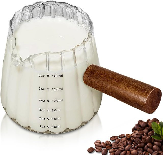 Leeseph Glas-Milchbecher mit Holzgriff, transparenter Espresso-Kaffeetassen-Becher und Sahnekrug, 180 ml - Bild 1