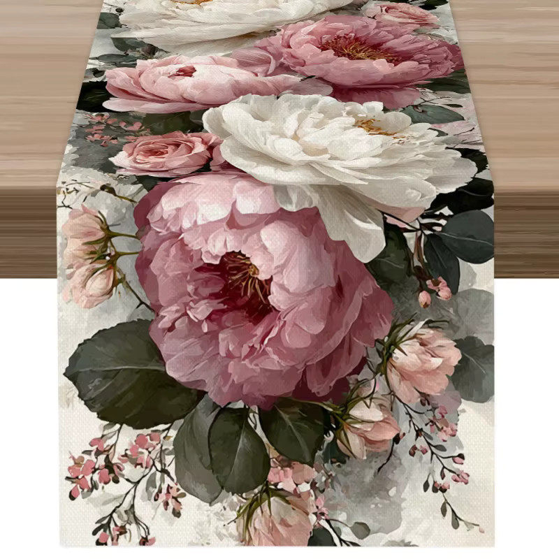 VIKAMA Tischläufer mit Pfingstrosen-Ölgemälde-Motiv aus Polyester, Vintage Blumen-Tischdekoration, Mehrfarbig, Breite: 90 cm, Tiefe: 33 cm - Bild 4