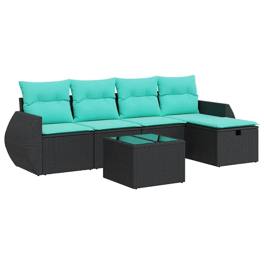 vidaXL 6-teilige Garten-Sofagarnitur in L-Form aus Polyrattan mit blauen Kissen und Couchtisch in Schwarz - Bild 2