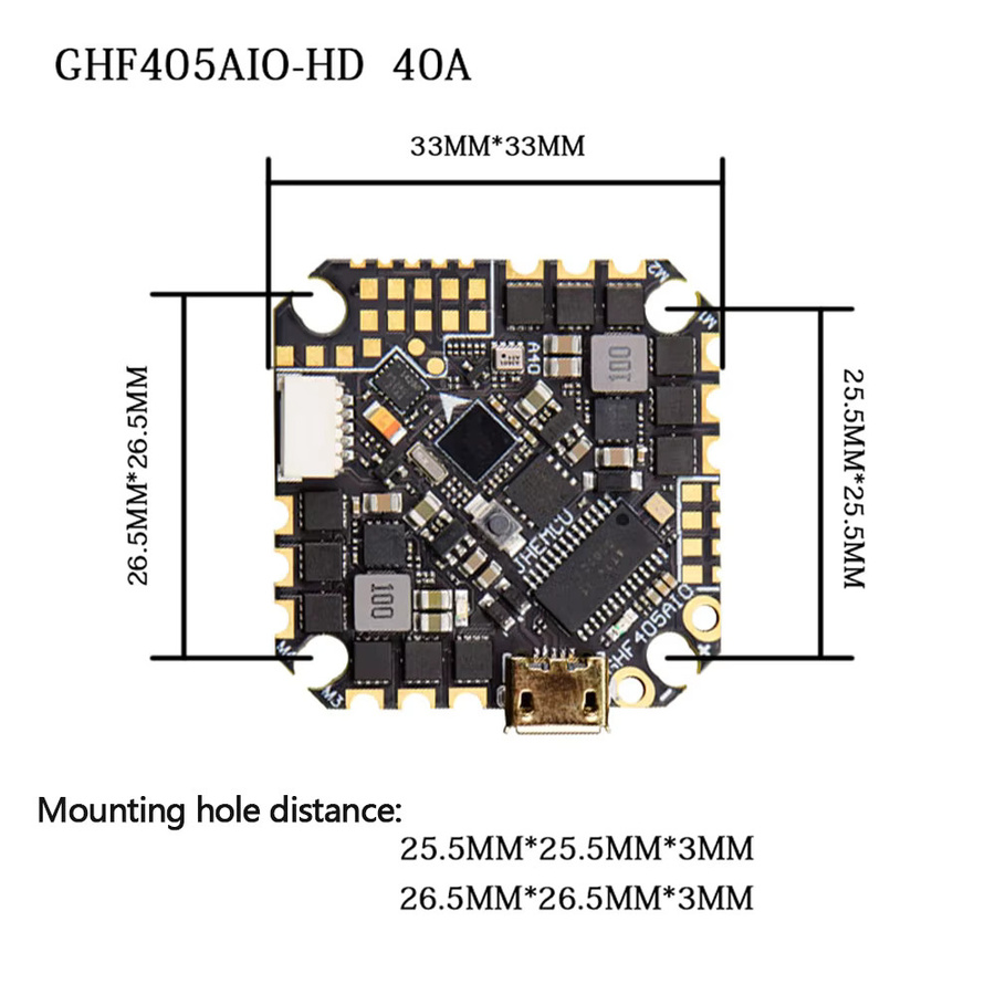 JHEMCU GHF405AIO-HD Flight Controller mit 40A BLHELIS 4in1 ESC, Dual BEC, Baro und OSD für FPV Freestyle Toothpick Drohnen, Schwarz - Bild 2
