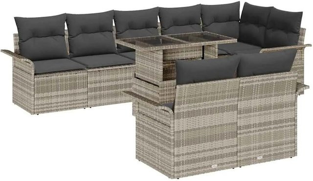vidaXL Garten-Sofa-Set aus Polyrattan in Hellgrau mit 9 Teilen inklusive Kissen, Ecksofa, Couchtisch und Ottoman - Bild 1