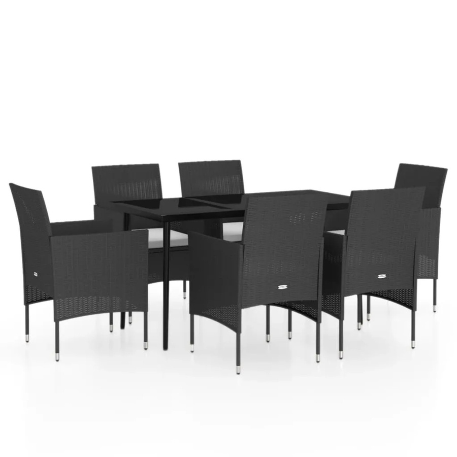 vidaXL 7-teilige Garten-Essgruppe in Schwarz mit Kissen aus Rattan, Metall und Glas - Bild 2