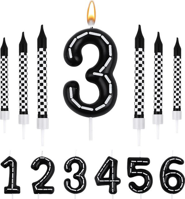 ZQNYCY 7-teiliges Racing-Autos Geburtstag Kerzen-Set in Schwarz und Weiß mit kariertem Design für Kindergeburtstag und Party-Dekoration - Bild 1