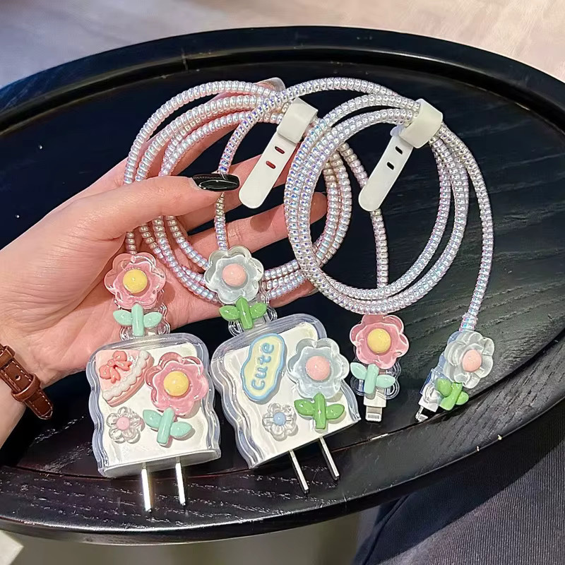 3D Rosa Blume Kabel Schutzhülle für iPhone 15 14 13 Pro Max Ladegeräte und Datenkabel in Pink und Multicolour - Bild 3