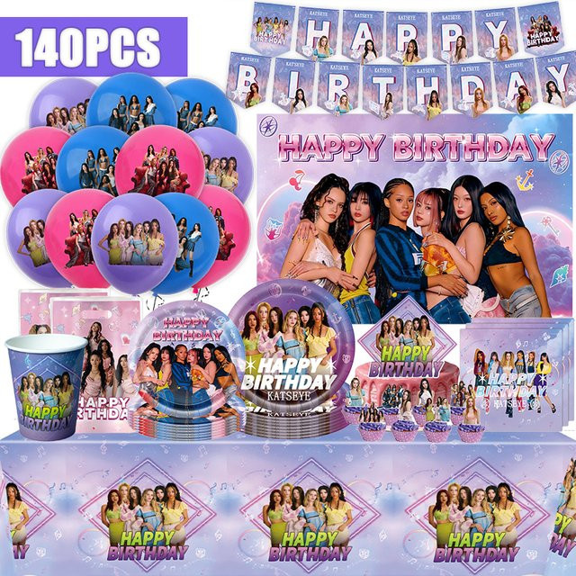 TAKARA TOMY Katseye Geburtstagsdekoration Set mit Sternen in Multicolour inklusive Poster, Ballons, Hintergrundbanner und Kuchendekoration - Bild 1