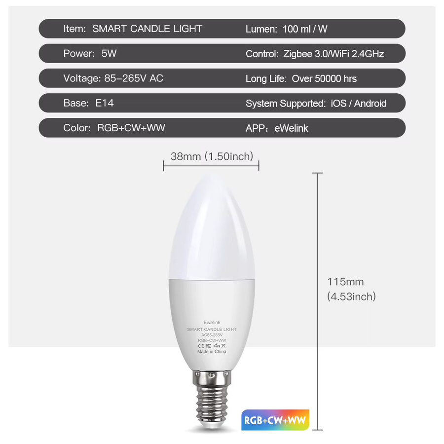 Ewelink E14 Intelligente LED-Kerzenlampe mit RGB-Farben, Zigbee und WiFi, dimmbar, Kristall-Design - Bild 2