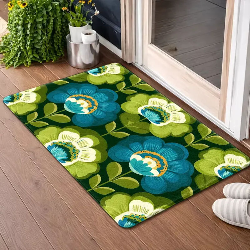 VIKAMA Boho Blumen-Teppich, rutschfester und waschbarer Vintage-Bodenteppich in Grün-Blau für Wohnzimmer und Schlafzimmer - Bild 2